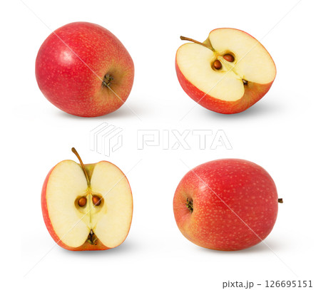Set of red apples and a halves isolated. Pink apple and a half isolated. 126695151