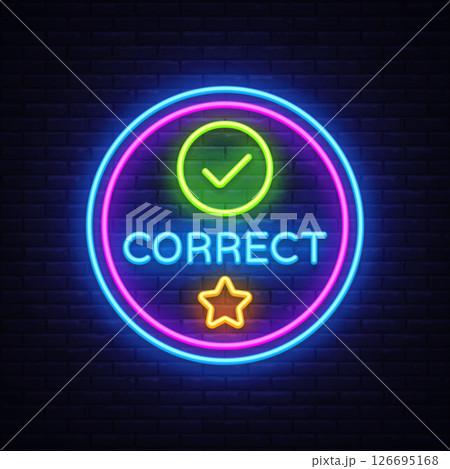 Correct answer neon badge. Vector illustration...のイラスト素材 [126695168 ...