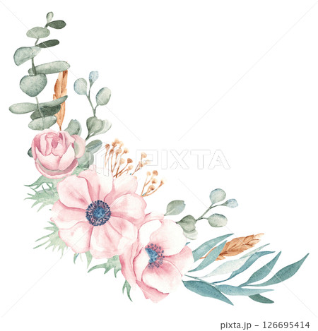 Floral composition with Anemone, Eucalyptus Branches, Dry yellow Tansy and Spikelets of Wheat or Rye. Watercolor Hand drawn floral composition isolated on a white background. For greeting birthday Floral composition with Anemone, Eucalyptus Branches, Dry yellow Tansy and Spikelets of Wheat or Rye. Watercolor Hand drawn floral composition isolated on a white background. For greeting birthday 126695414