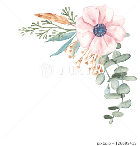 Anemone Bouquet with Eucalyptus Branches, Dry yellow Tansy and Spikelets of Wheat or Rye. Watercolor Hand drawn floral corner composition on a white background. For greeting birthday, wedding 126695415