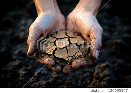 Hands holding cracked earth symbolizing drought and environmental challenges in nature Hands holding cracked earth symbolizing drought and environmental challenges in nature 126695547