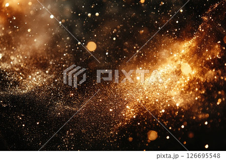 Abstract golden glittering particles on a dark background creating a magical cosmic atmosphere Abstract golden glittering particles on a dark background creating a magical cosmic atmosphere 126695548