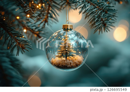 Glass ornament with miniature snow-covered tree hanging from evergreen branch in festive setting Glass ornament with miniature snow-covered tree hanging from evergreen branch in festive setting 126695549