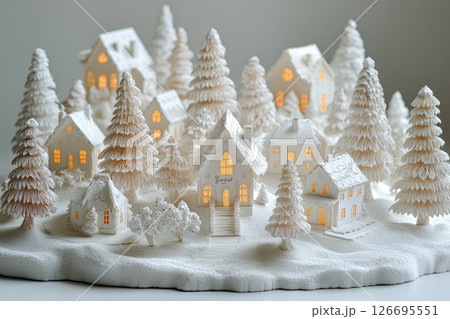 Winter village scene with illuminated houses and snowy trees creating a cozy atmosphere 126695551