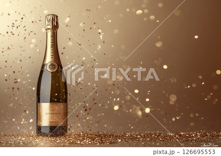 Sparkling champagne bottle surrounded by golden confetti on a shimmering background 126695553