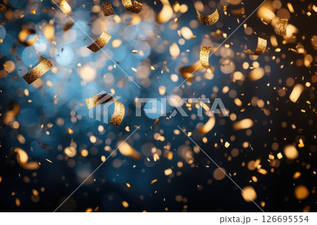 Golden confetti falling against a dark blue background creating a festive celebration atmosphere 126695554