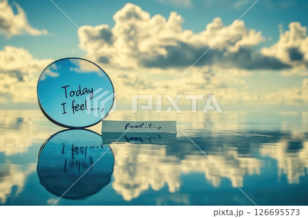 Reflection of a circular mirror with handwritten notes on a serene water surface under a cloudy sky 126695573