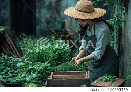 Woman in straw hat tending to herbs in a lush garden surrounded by wooden crates and greenery 126695579