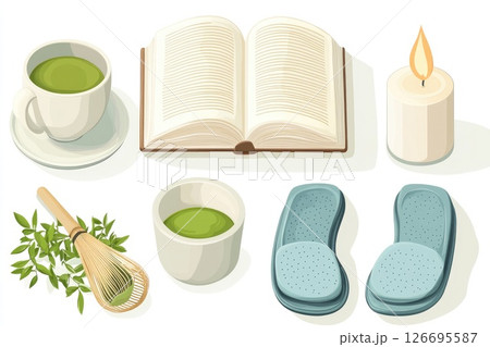 Cozy illustration featuring tea, book, candle, and relaxation items for a serene atmosphere 126695587
