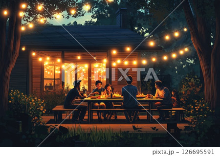 Family gathering at night around a wooden table with string lights illuminating the scene Family gathering at night around a wooden table with string lights illuminating the scene 126695591