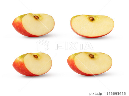 Red apple slice isolated. Set of cut apples on white background. Pink apple piece with clipping path. 126695636
