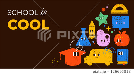 School is Cool poster with funny hand drawn cartoon characters  126695818