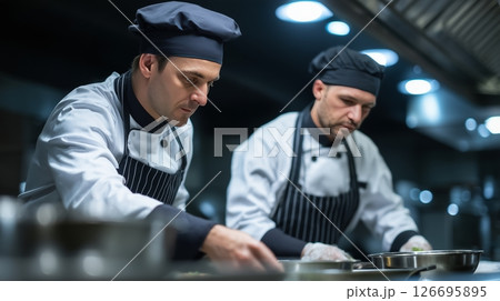 Two chefs collaborate in a modern kitchen to prepare a gourmet dish with precision and teamwork 126695895