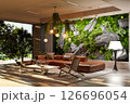 Sunlit Living Room with Green Wall & Outdoor View 126696054