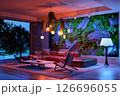 Moody Living Room with Illuminated Green Wall at Night 126696055