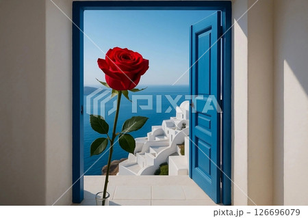 Rose Flower Blooming in Santorini Window 126696079