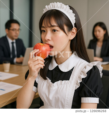会議室でリンゴを食べるメイド 126696268