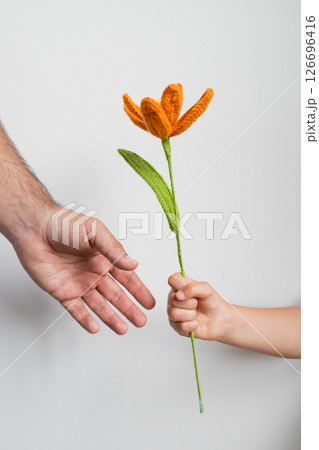 Child giving orange knitted flower to adult hand against white background. Fathers day concept 126696416
