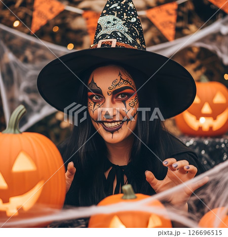 Halloween party. Girl with face paint smiling in witch hat. Pumpkin lantern, orange garland, spiderwebs Halloween party. Girl with face paint smiling in witch hat. Pumpkin lantern, orange garland, spiderwebs 126696515