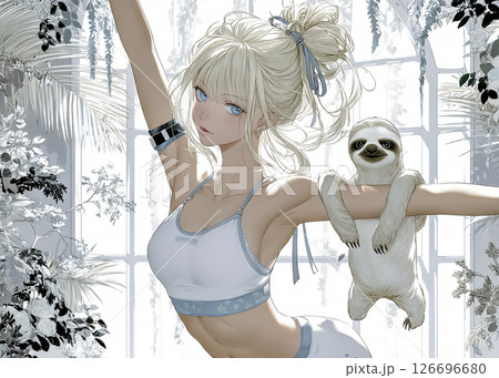 ナマケモノと一緒にヨガをするナマケモノの妖精のイラスト素材 126696680