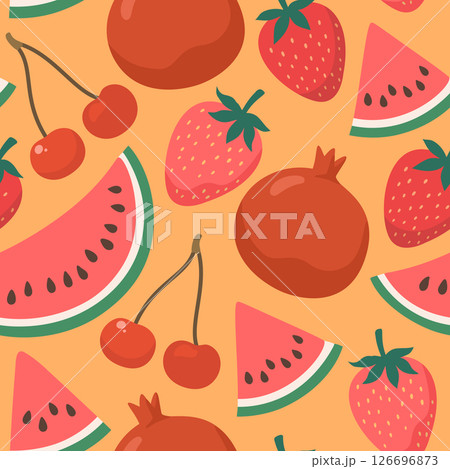 Seamless pattern with red fruits, watermelon, cherry, pomegranate and strawberry. Vector summer trendy print. 126696873