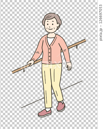 手すりを持ちながら笑顔で歩行訓練をする高齢女性のイラスト 126697053