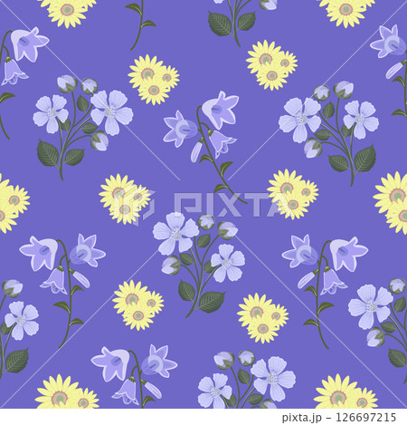 Seamless pattern with sunflowers, bellflowers and blackberry flowers 126697215