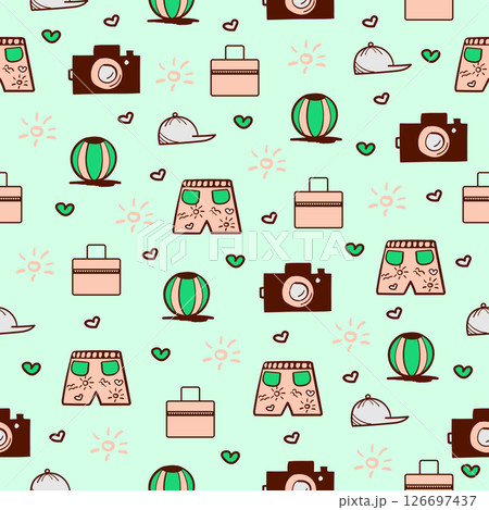 Summer doodles, seamless pattern on green background 126697437