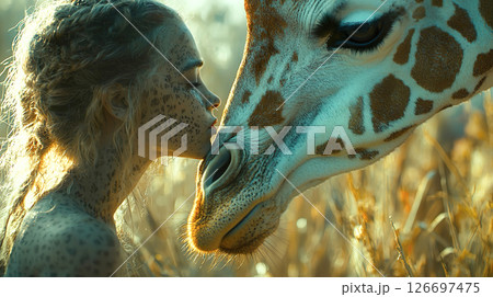 キリンの模様の化粧をしてキリンにキスをする女性 キリンの模様の化粧をしてキリンにキスをする女性 126697475