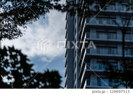 樹木と雲ある青空と高層マンション 樹木と雲ある青空と高層マンション 126697513