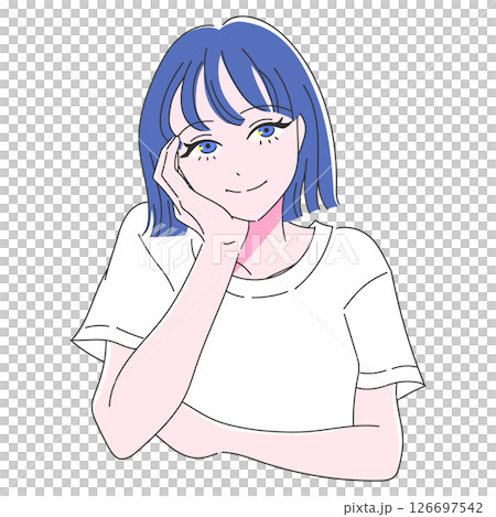 Line drawing of a woman smiling and looking at something Line drawing of a woman smiling and looking at something 126697542