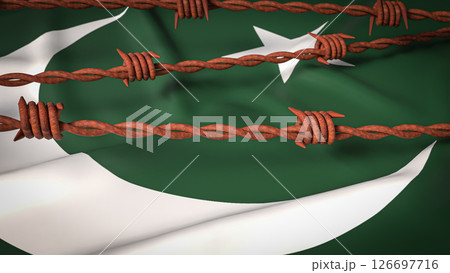 The Pakistan flag and Barbed wire image 3d Rendering. The Pakistan flag and Barbed wire image 3d Rendering. 126697716