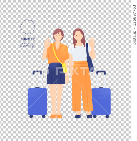 夏季女孩旅行揮手的年輕女子和一個手提箱向量插圖 126697763