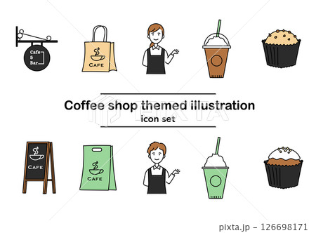 カフェスタッフとテイクアウト用バッグ、ドリンク、スイーツなどの喫茶店アイコンセット|カフェスタッフ, カフェスタッフとテイクアウト用バッグ、ドリンク、スイーツなどの喫茶店アイコンセット|カフェスタッフ, 126698171
