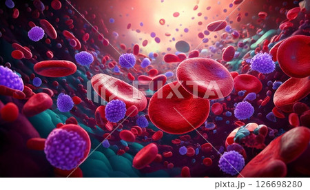 体内の血管内部を移動する赤血球、白血球、血小板をイメージした3Dイラスト  医療系素材 126698280