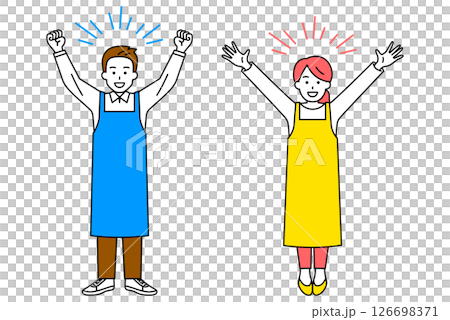 バンザイで喜ぶエプロン姿の男女（全身） 126698371