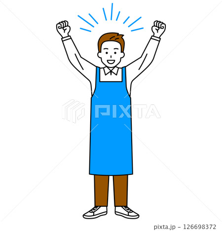 バンザイで喜ぶエプロン姿の男性（全身） 126698372