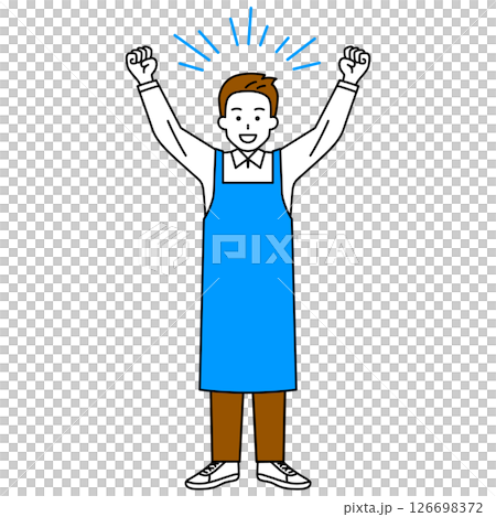 バンザイで喜ぶエプロン姿の男性（全身） 126698372