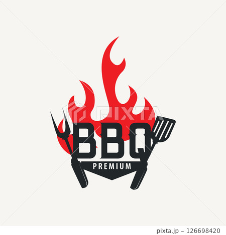 retro vintage concept logo design barbeque bbq grill with simple concept of meat grill, symbol template illustration with fire and spatula design for restaurant brand, bar, cafe, shop 126698420