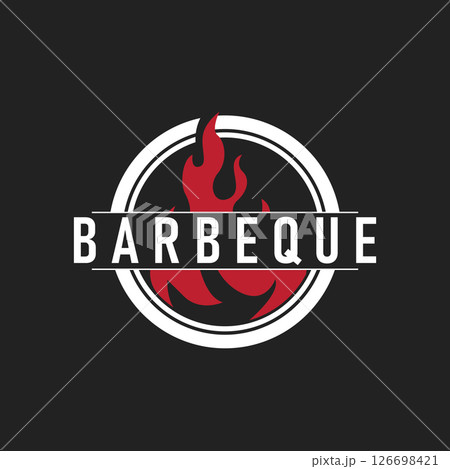 retro vintage concept logo design barbeque bbq grill with simple concept of meat grill, symbol template illustration with fire and spatula design for restaurant brand, bar, cafe, shop 126698421
