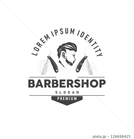 vintage retro modern barbershop logo design, barber shop concept, with cool hair style and silhouette icon of shaving equipment illustration template for product brand, business, and shop vintage retro modern barbershop logo design, barber shop concept, with cool hair style and silhouette icon of shaving equipment illustration template for product brand, business, and shop 126698425
