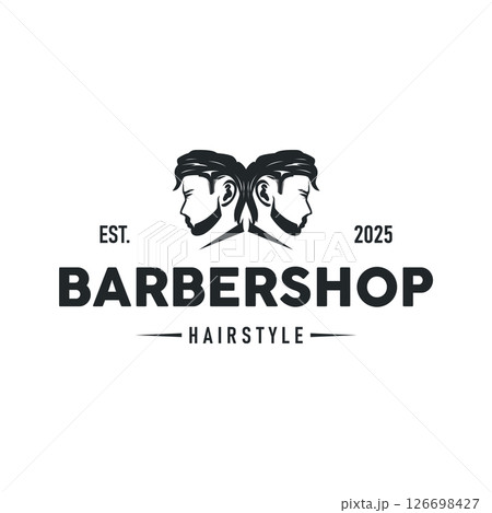vintage retro modern barbershop logo design, barber shop concept, with cool hair style and silhouette icon of shaving equipment illustration template for product brand, business, and shop vintage retro modern barbershop logo design, barber shop concept, with cool hair style and silhouette icon of shaving equipment illustration template for product brand, business, and shop 126698427