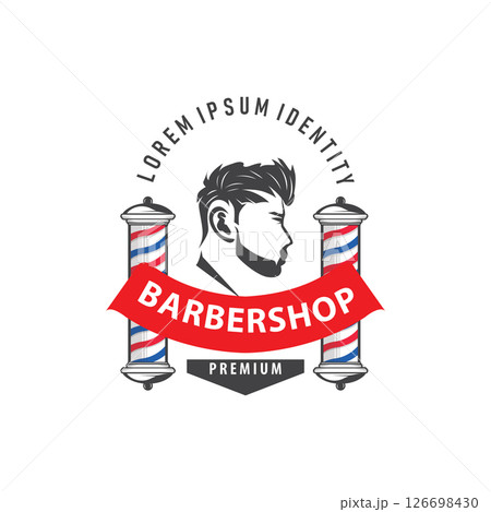 vintage retro modern barbershop logo design, barber shop concept, with cool hair style and silhouette icon of shaving equipment illustration template for product brand, business, and shop vintage retro modern barbershop logo design, barber shop concept, with cool hair style and silhouette icon of shaving equipment illustration template for product brand, business, and shop 126698430