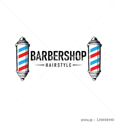 vintage retro modern barbershop logo design, barber shop concept, with cool hair style and silhouette icon of shaving equipment illustration template for product brand, business, and shop 126698440
