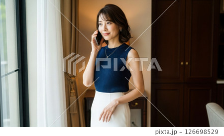 高級感ある室内で微笑む日本人女性のポートレート 126698529