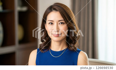 自然光の中で上品に微笑む日本人女性のクローズアップ 126698530