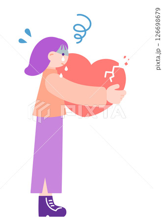 ヒビの入ったハートを抱きしめて涙を流す女性のイラスト｜心の傷と感情表現・失恋・癒し 126698679