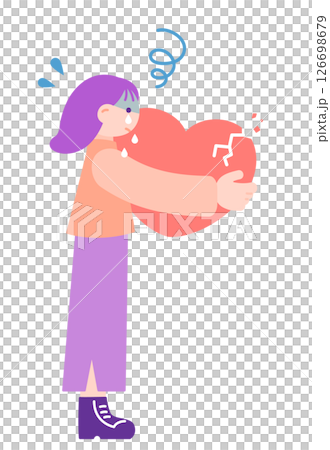 ヒビの入ったハートを抱きしめて涙を流す女性のイラスト｜心の傷と感情表現・失恋・癒し 126698679