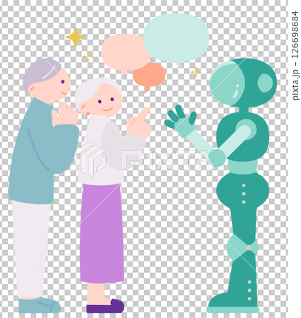 AIロボットに相談する高齢夫婦の横顔イラスト　未来的コミュニケーション 126698684