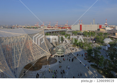 EXPO2025、リングから見る大阪ヘルスケアパビリオンと東ゲート、ガントリークレーン、港大橋 126699019